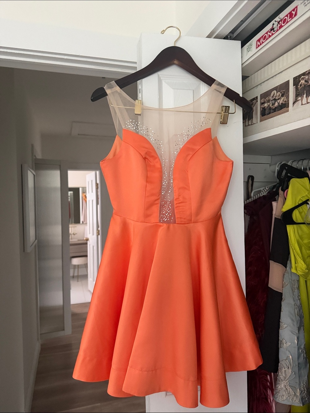 Girls' Coral Orange Fit-and-Flare Dress with Illusion Beaded Neckline